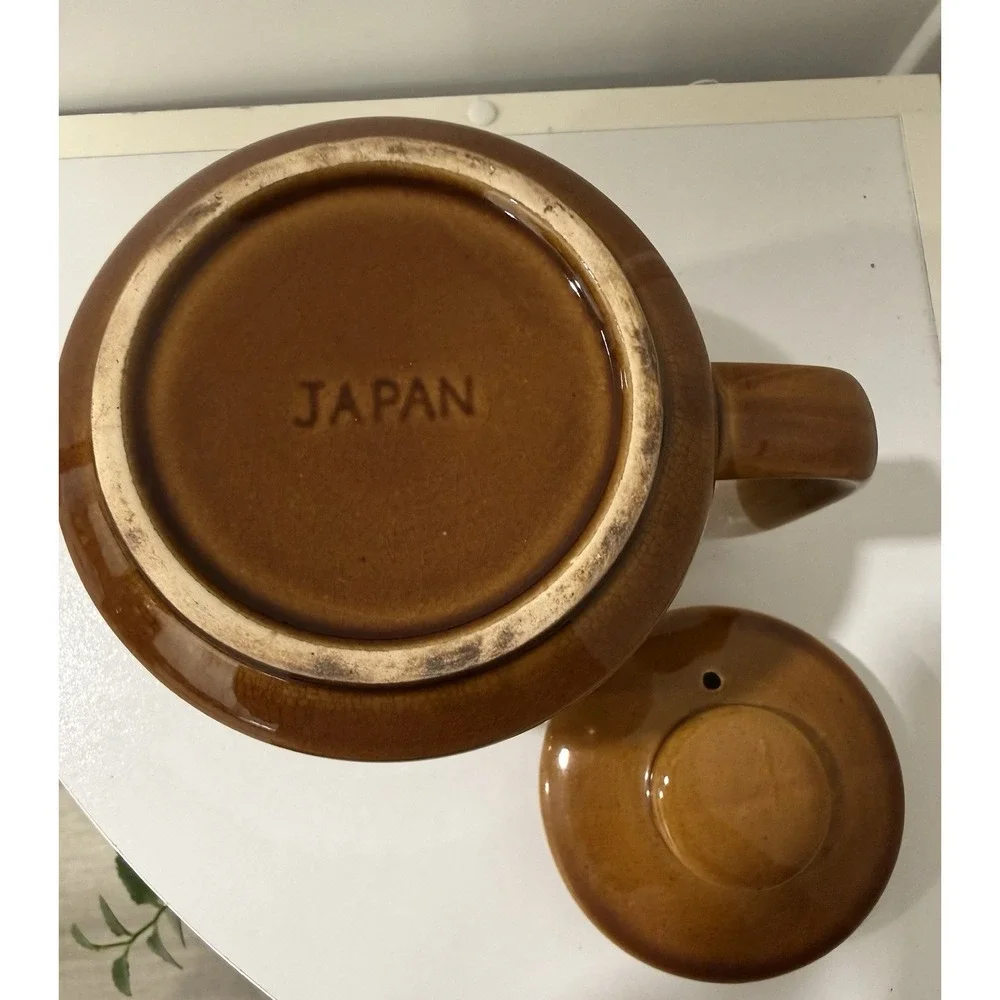 Vintage Pottery Tea Pot Creamer Tan Brown Specked Glaze with Lid Made in Japan